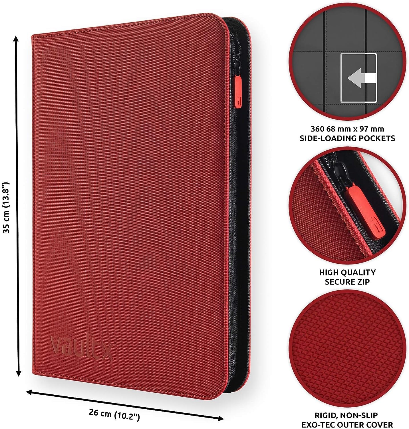 Premium Exo-Tec® Zip Binder - 9 Pocket Trading Card Album Folder - 360 Side Loading Pocket Binder for TCG (Red)